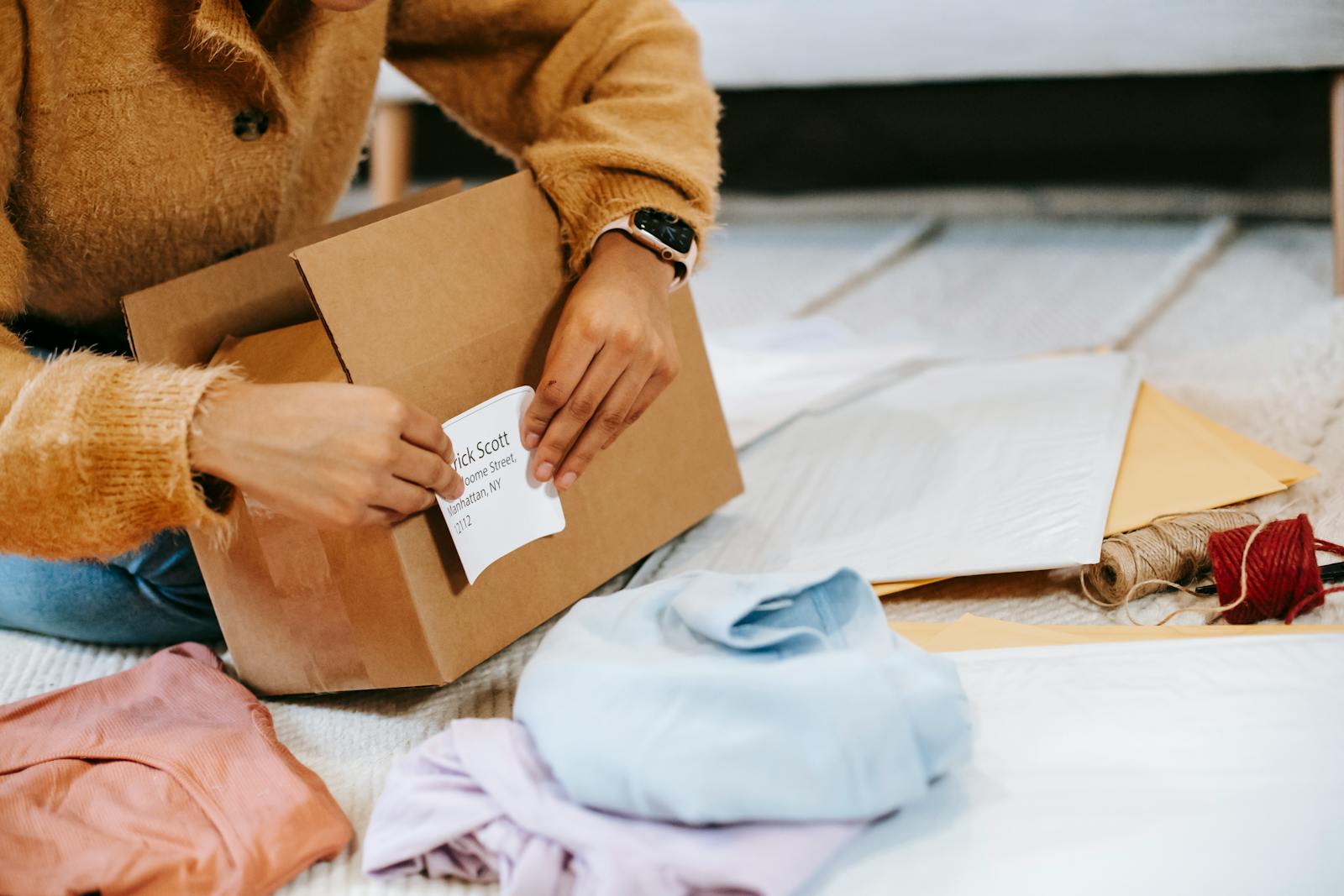 A woman at home prepares a package for shipping, showcasing lifestyle and logistics.